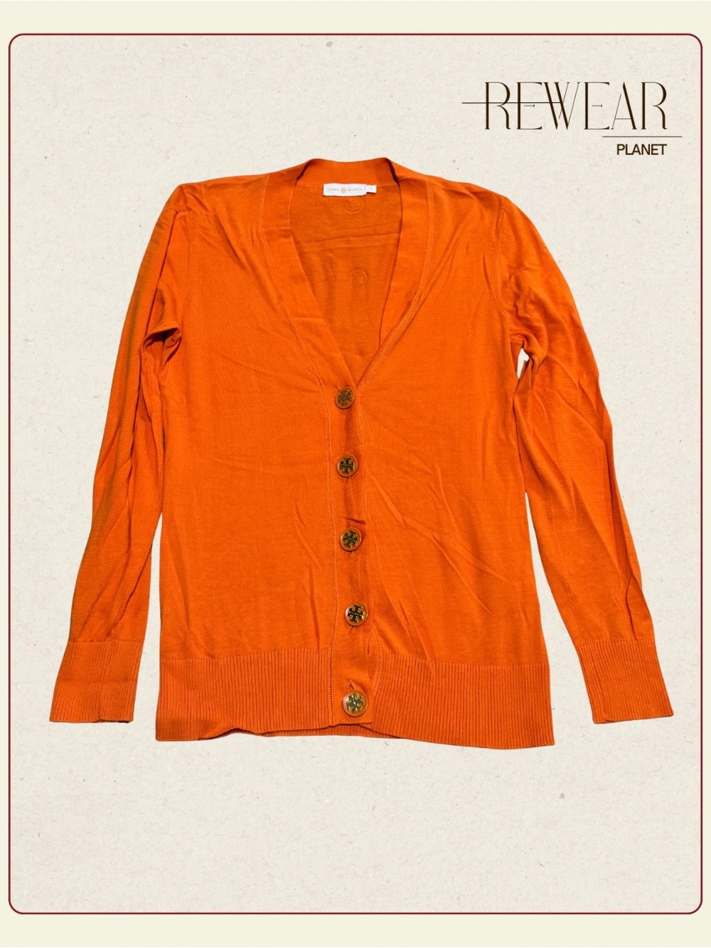 Tory Burch Orange Cotton Button Cardigan Sweater Women’s Size S Gold Logo Button